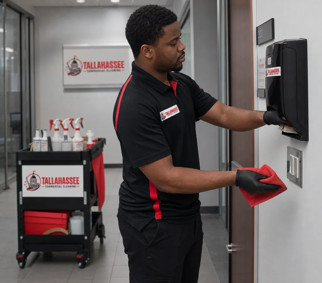 Janitorial technician restocking dispensers and cleaning high-touch points in a Tallahassee commercial hallway after business hours