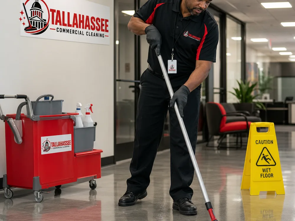 Technician using controlled damp-mopping techniques with wet-floor signage in a Tallahassee commercial office
