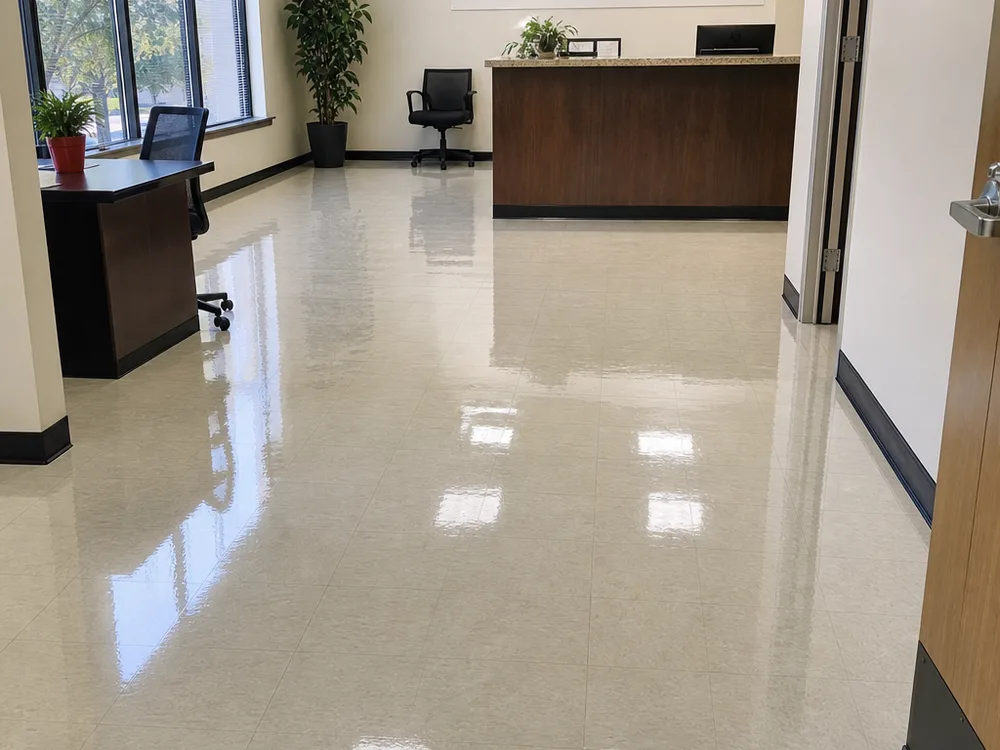 Freshly waxed VCT in an office suite with clear reflections and clean edges
