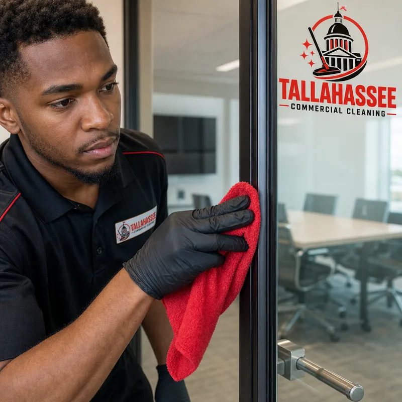 Technician detailing the edges and corners of interior office glass near a conference room door