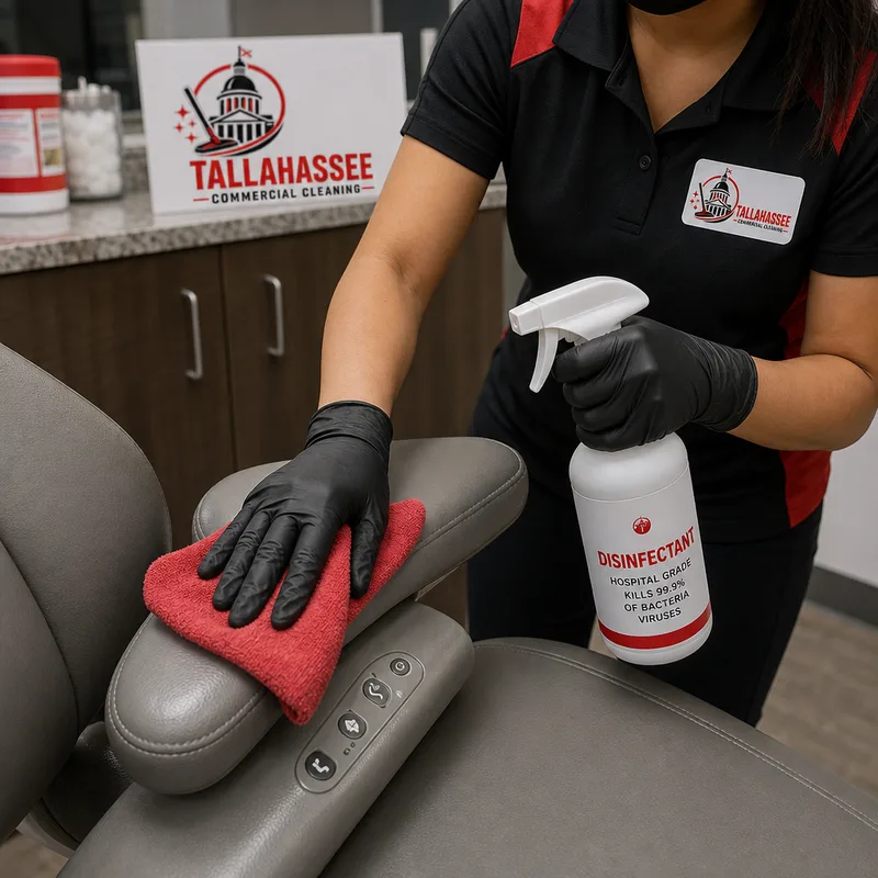 Cleaner disinfecting exam chair armrests, controls, and an adjacent counter with fresh microfiber