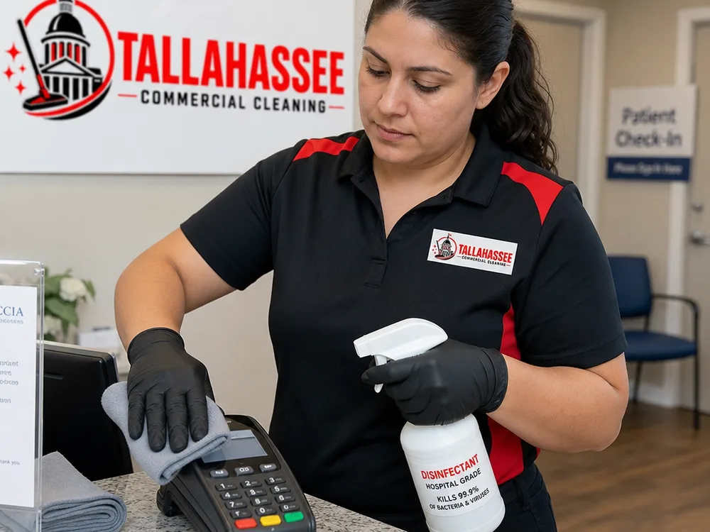 Cleaner disinfecting a medical office reception counter and card terminal with labeled disinfectant and microfiber cloths