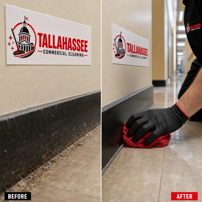Detailed floor-edge cleaning along baseboards in a retail corridor