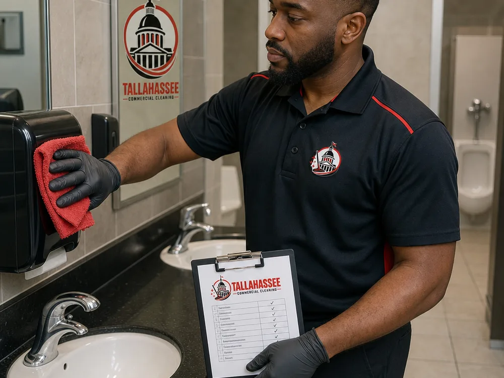 Cleaner detailing high-touch points and checking dispensers in a shopping center restroom