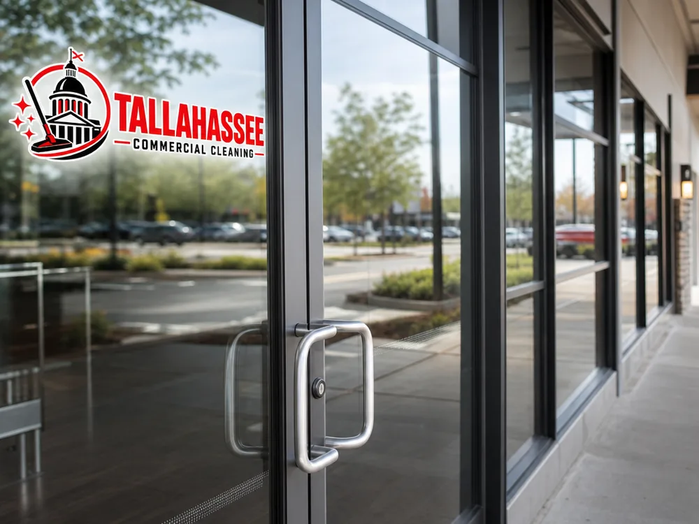 Clean streak-free storefront glass and door handles after an after-hours shopping center clean