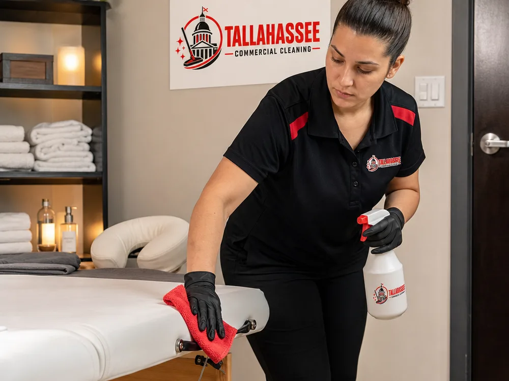 Cleaner disinfecting a spa treatment bed frame, light switch, and door handle with folded linens nearby