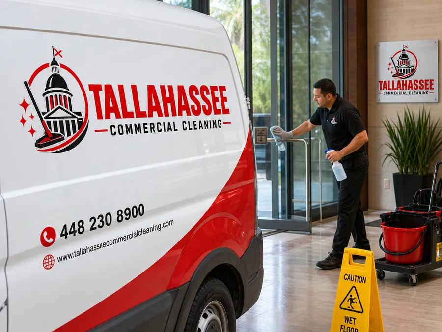 Janitorial staff member cleaning commercial glass entry doors and push bars after hours