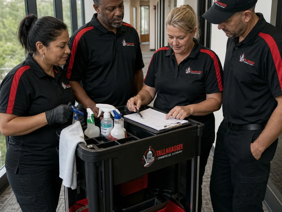 Commercial cleaning crew reviewing a checklist beside a supply cart before beginning work